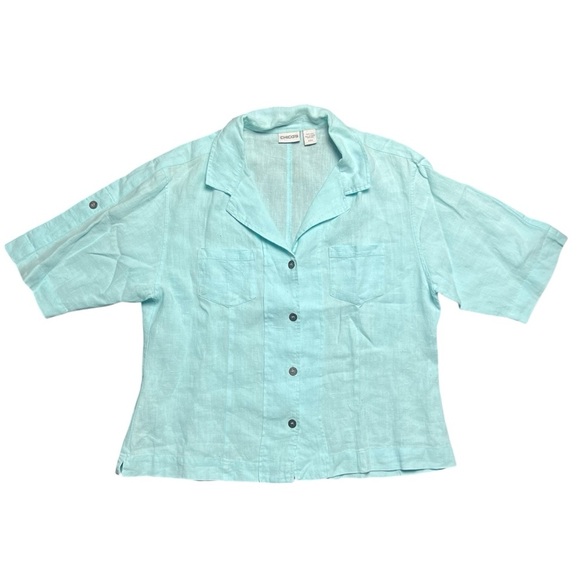 CHICO'S 100% Linen Button Front Shirt Light Blue Size 2 - Picture 1 of 5